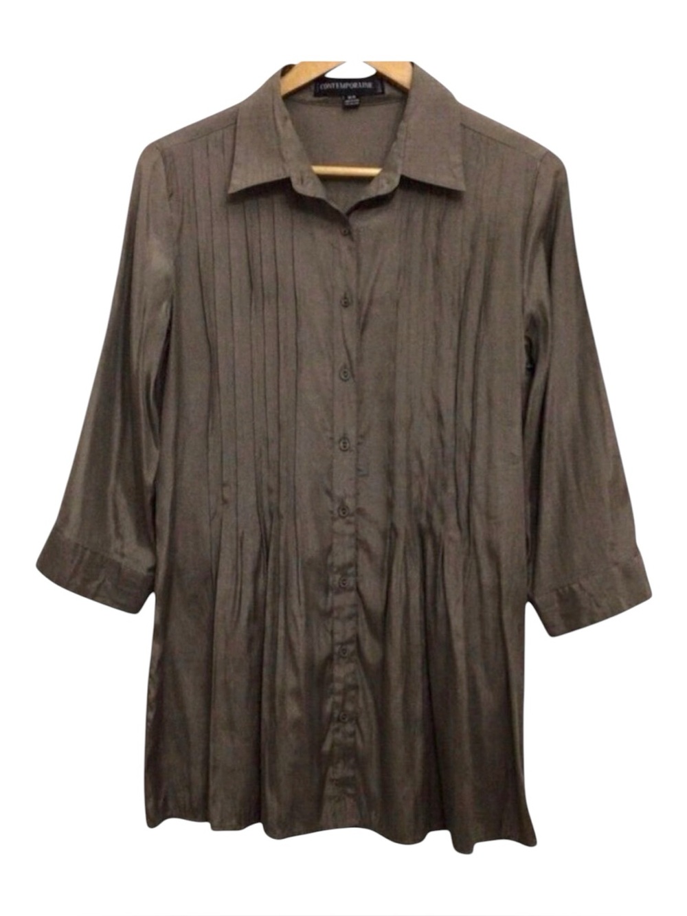 CONTEMPORAINE pleated long blouse tunic maroon medium shinny 3/4 sleeves